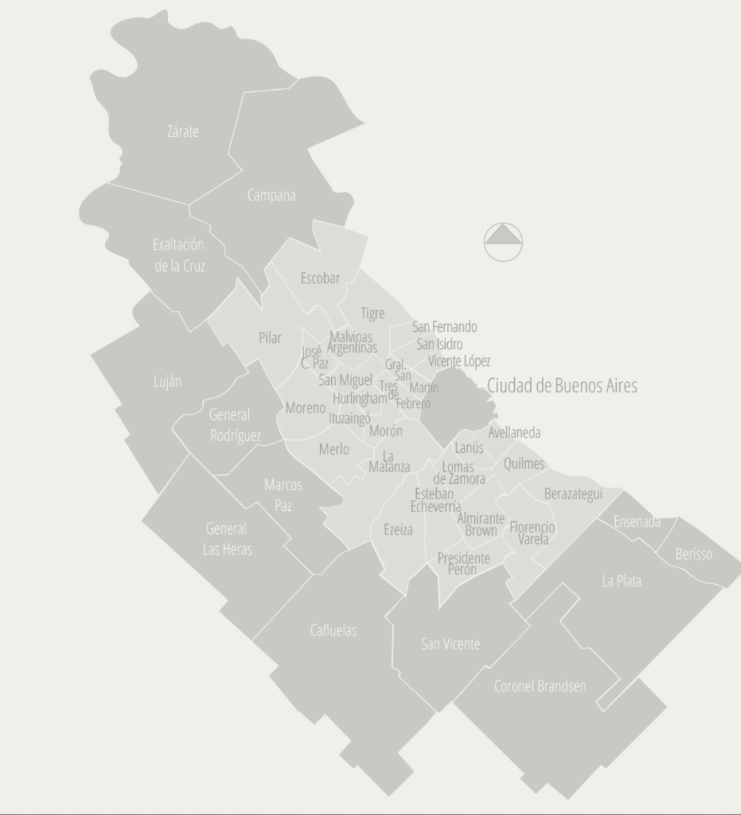 Mapa esquemático del Gran Buenos Aires con los partidos de Escobar, Moreno, General Rodríguez y Ezeiza marcados